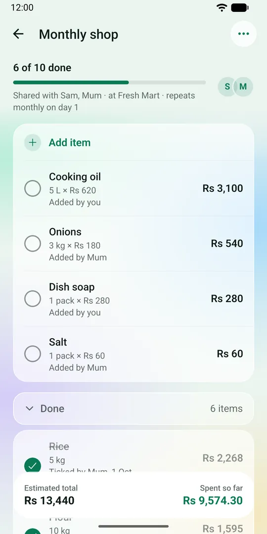 A shared list with its items, who added each one and what they cost